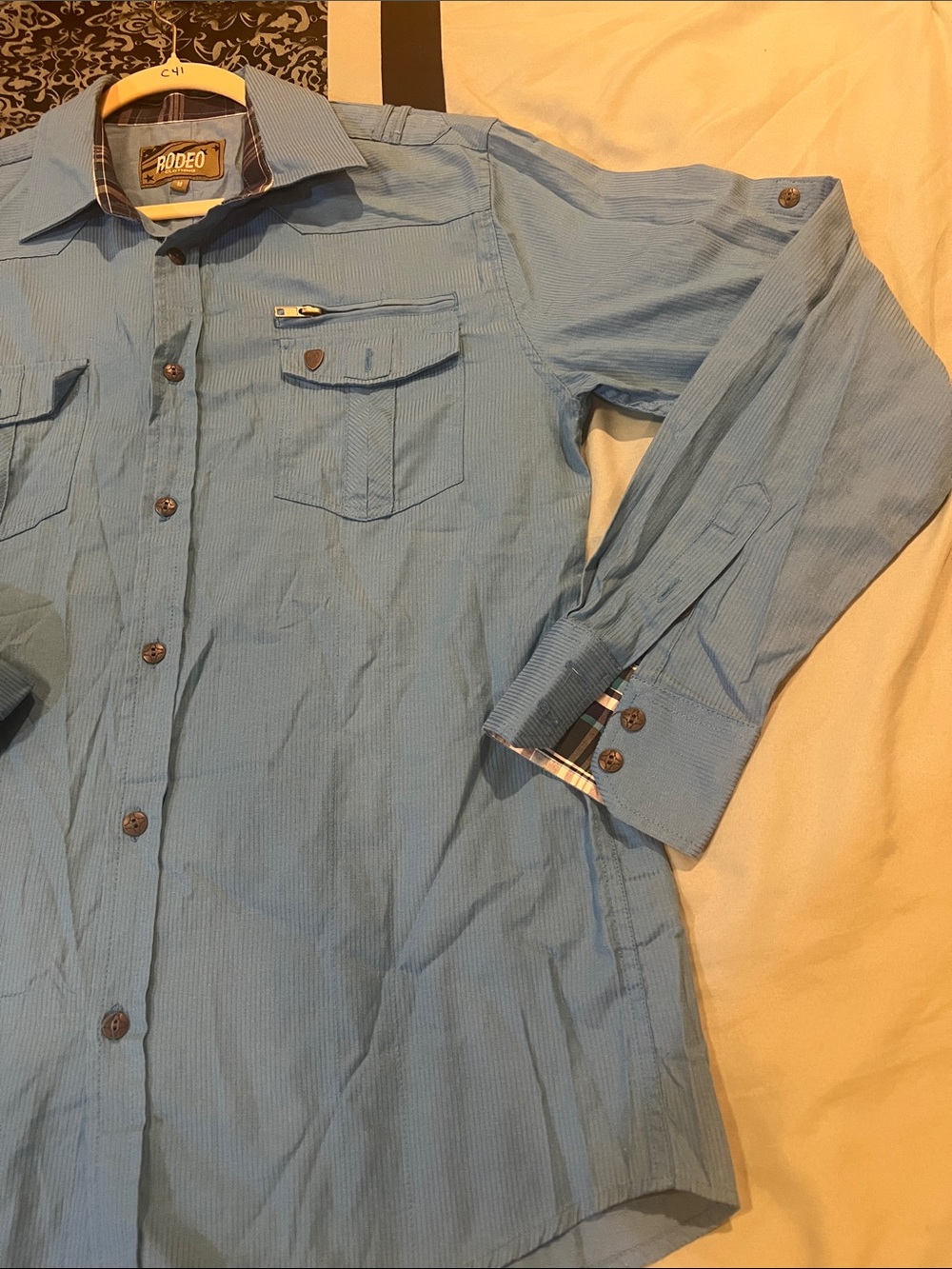 Rodeo Light Blue Button-Up Shirt with Plaid Cuff Detail - Picture 4 of 8